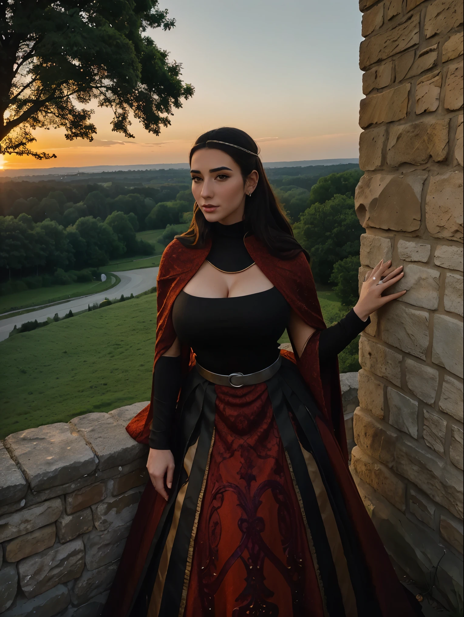 Gorgeous and sultry busty athletic (thin) brunette queen with sharp facial features wearing a modest updo, dark red medieval dress, long sleeves, intricate patterns, scrollwork, wide neck, crown, veil, long dress, modest dress, tight bodice, silver belt, (waist chain), medieval jewelry, Middle Ages, castle, rampart, wall, exterior, on top of a castle wall, trees, countryside, evening, sunset.