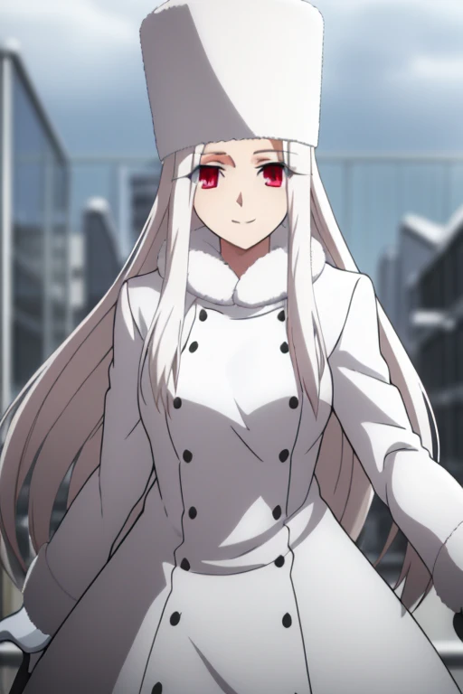 from below, Irisviel Von Einzbern, (large ), oversized , long hair, white hair, white fur coat, white fur hat, solo, facing the viewer, looking at the viewer, smile, closed mouth, outdoors, (blurry background), snow