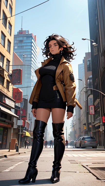 (detailed), (((normal girl))), (Arabic characteristics), ((brown sheepskin jacket)), ((pelo negro rizado free hair)), ((free hair)), (calm face), ((by the width)), ((black high boots)), (((whole body))), ((in the middle of the city leaning on a building), ((woman)), (black turtleneck sweater), ((only one person)), (at midday)