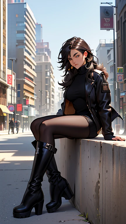 (detailed), (((normal girl))), (Arabic characteristics), ((brown sheepskin jacket)), ((pelo negro rizado free hair)), ((free hair)), (calm face), ((by the width)), ((black high boots)), (((whole body))), ((in the middle of the city leaning on a building), ((woman)), (black turtleneck sweater), ((only one person)), (at midday)
