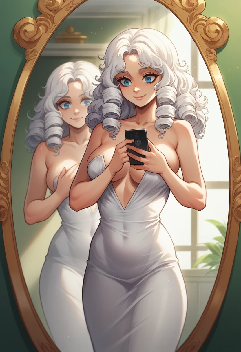 holding phone, covering the nipples, covering groin, mirror, reflection, tight dress, royal style white dress with gold embroidery , curly hair, loose hair, brow, White hair, with beautiful light blue eyes, beautiful fur,Sun'rays, beautiful smiling, white hair,hair over the shoulders, Leprechaun, (Leprechaun earig breasts, mommy)