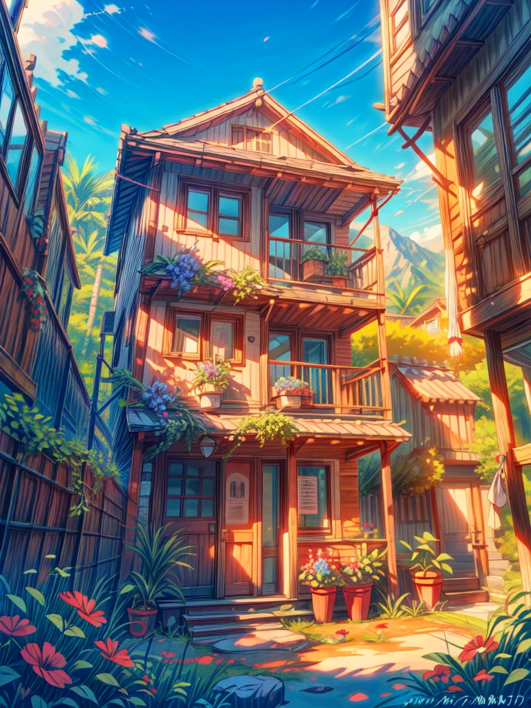 super wide perspective, outdoors, a beautiful white colored old cabin, flower fields, mountains, blue doors and windows, beach side, windy, moody weather, sand, tropical plants, stairs, amazing sky, ghibli anime scene, pots with tropical leafy plants, white metal chair with table, white cycle with basket, red flowers in balcony, flowers in foreground, cinematic color tones, subtle light, vibrant color tones, ghibli style, no humans, scenery, masterpiece, high resolution 
