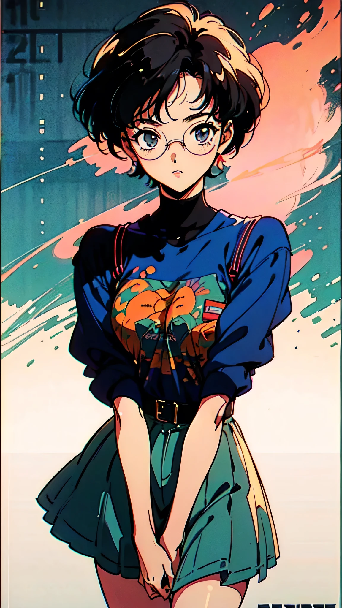 (80's, Retro, Poster:1.5), (masterpiece, 最high quality), (anime, figure), (pastel colour:1.4),
Best Photo Poses, Dynamic Angle, high quality, High resolution, Attention to detail, Haruka is short, Shiny black hair, Sharp brown eyes behind glasses, calm attitude. She is often seen looking immaculate in her .。, arrogant, above knees picture 80’s anime vintage style, Gray background