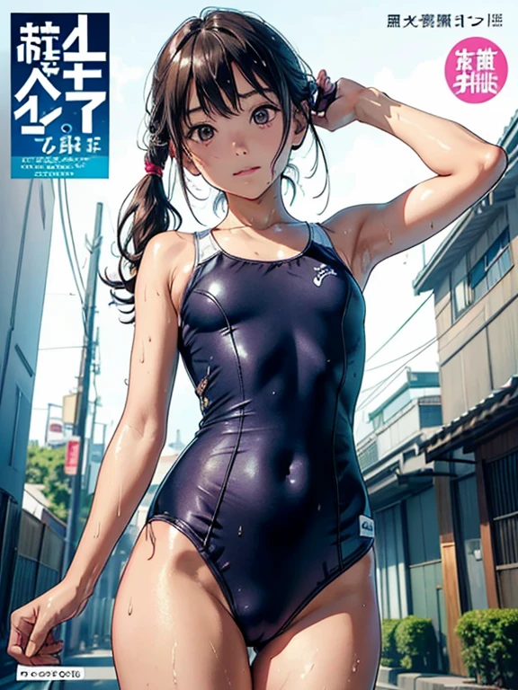 (Superflat, Flat Shading, Flat Color:1.1)、(Magazine Cover)、An illustration、(Asian boyish girl)、(cute:1.2)、Very beautiful 14 year old manga girl、Great smile、Blushing cheeks、(Skin with attention to detail: 1.2)、Photorealistic anime girl rendering、Realistic Anime 3D Style、cuteボブカット、Beautiful brown hair、Intense black eyes、Strong eye highlights、(Detailed、Mid-chest)、Perfect Anatomy、My hair is messy、Old-fashioned school swimsuit、((A torn and tattered school swimsuit))、White school swimsuit、((Wet))、From below、((from the front))、Showing off her school swimsuit、Small school swimsuit、Angle from the feet、From belowのアングル、((From below見上げるアングル、Showing crotch))、Volumetric lighting、Soft Light、bright、neon、Vibrant colors、Watercolor、