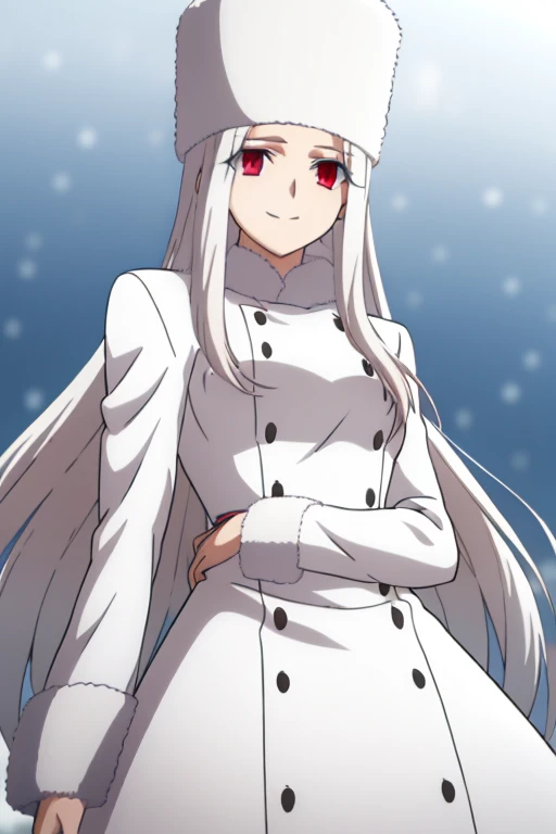 Irisviel Von Einzbern, (large breasts), oversized breasts, long hair, white hair, white fur coat, belt, white fur hat, solo, facing the viewer, looking at the viewer, smile, closed mouth, outdoors, snow, from below