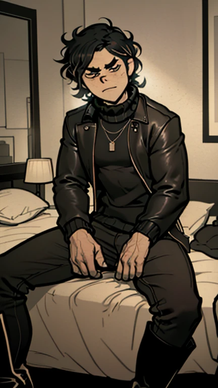 (detailed), (((normal guy))), (arab features), ((brown sheepskin jacket)), ((black curly hair loose hair)), (sad face), ((by the wide)), ((tall black boots)), (((Whole body))), ((sitting on the bed in a room)), ((male)), (black turtleneck sweater), ((only one person)), (at night), ((poorly lit room)), ((((dark room)))), (black cloth cap)