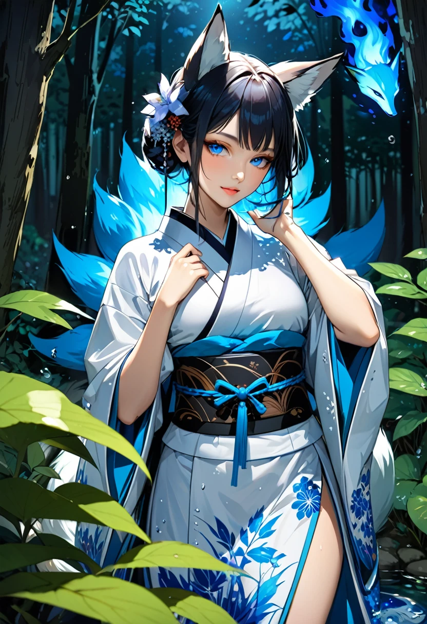 Masterpiece, Extremely detailed, beautiful, perfect face e, close distance shot, (A beautiful kitsune woman peering through the leaves in a dense forest) , {she is surrounded by motes of blue fire}, facing viewer, (dynamic pose) , fox ears, nine fox tails, traditional Japanese clothing. Japanese sandels, ((vegetation in the forground, water droplets on leaves, subject partially obscured by vegetation)) , ((moonlit night))