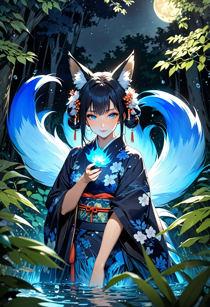 Masterpiece, Extremely detailed, beautiful, perfect face e, close distance shot, (A beautiful kitsune woman peering through the leaves in a dense forest) , {she is surrounded by motes of blue fire}, facing viewer, (dynamic pose) , fox ears, nine fox tails, traditional Japanese clothing. Japanese sandels, ((vegetation in the forground, water droplets on leaves, subject partially obscured by vegetation)) , ((moonlit night))