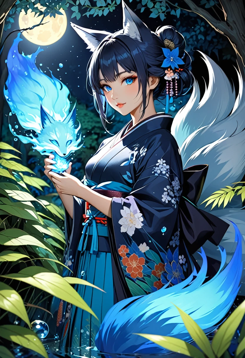 Masterpiece, Extremely detailed, beautiful, perfect face e, close distance shot, (A beautiful kitsune woman peering through the leaves in a dense forest) , {she is surrounded by motes of blue fire}, facing viewer, (dynamic pose) , fox ears, nine fox tails, traditional Japanese clothing. Japanese sandels, ((vegetation in the forground, water droplets on leaves, subject partially obscured by vegetation)) , ((moonlit night))