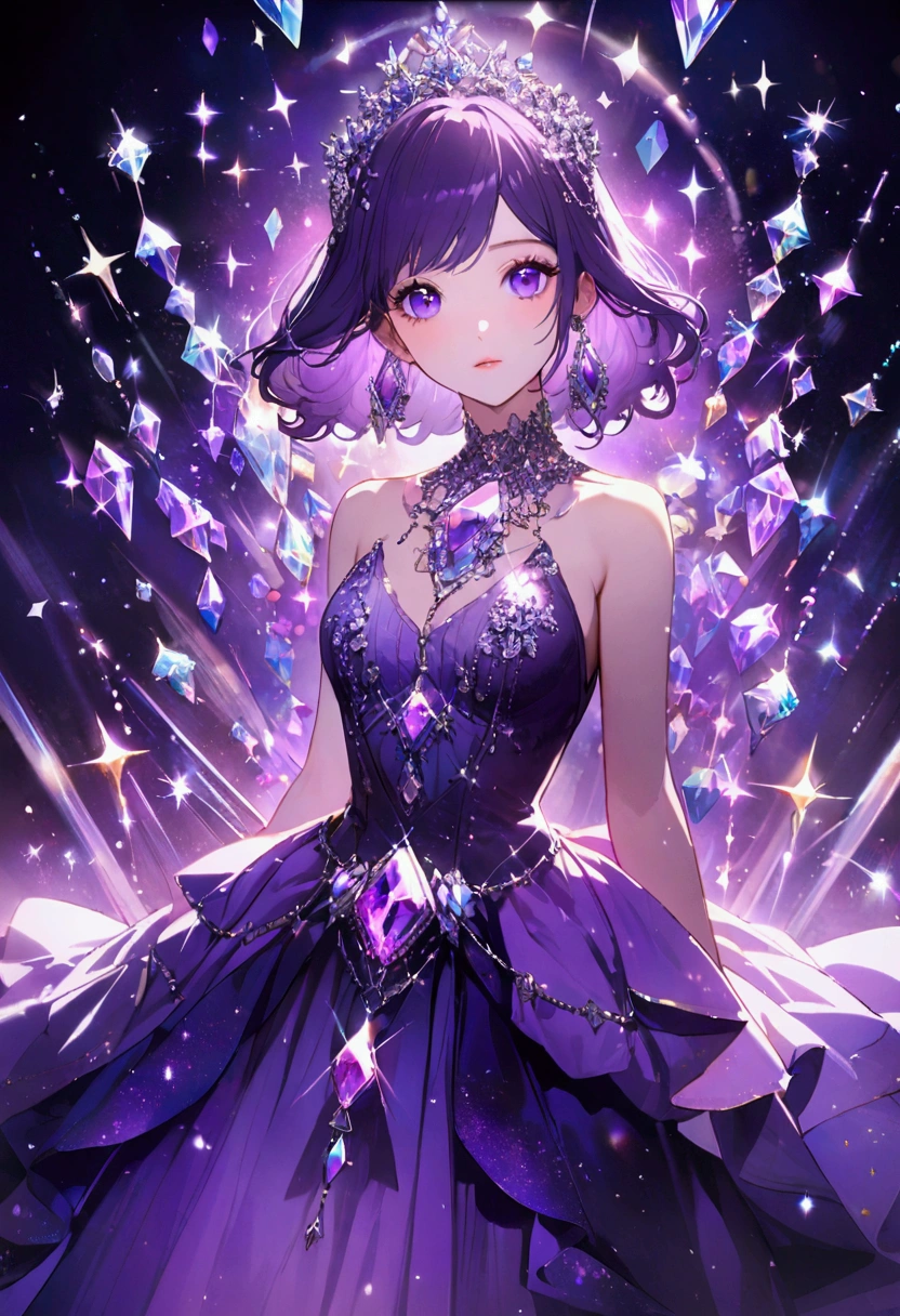 A princess wearing a purple dress inspired by the gemstone amethyst. Amethyst on background Sparkling gorgeous