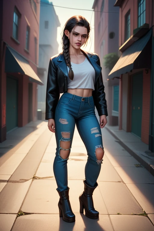 Hungarian woman with an athletic and toned physique; striking features with high cheekbones; green eyes; long, dark hair often styled in intricate braids; 'light olive' skin; best quality; trending on artstation; complex volumetric lighting; strong shadows; artistic lighting; dynamic; energetic vibe; realistic skin; specular highlights; micro-textures; highly detailed hair; crumbling concrete walls; dystopian aesthetic; injured and bleeding; slouching down behind garbage in an alleyway at night; in pain; bloodied face; bloody clothes; leather jacket; bleeding profusely