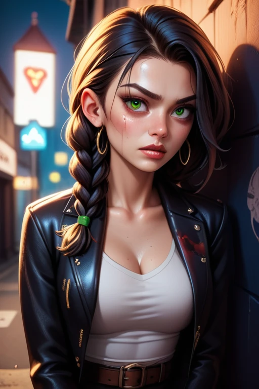 Hungarian woman with an athletic and toned physique; striking features with high cheekbones; green eyes; long, dark hair often styled in intricate braids; 'light olive' skin; best quality; trending on artstation; complex volumetric lighting; strong shadows; artistic lighting; dynamic; energetic vibe; realistic skin; specular highlights; micro-textures; highly detailed hair; crumbling concrete walls; dystopian aesthetic; injured and bleeding; slouching down behind garbage in an alleyway at night; in pain; bloodied face; bloody clothes; leather jacket; bleeding profusely; stab wound