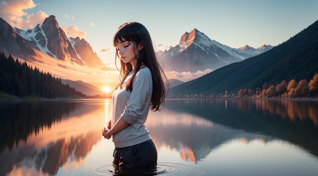A breathtaking scene with a spectacular sunset over a calm lake surrounded by majestic mountains. En el centro de la imagen, a person stands with hands folded in prayer and eyes closed in deep meditation. Just above them, An artistic representation of God, surrounded by a divine aura of light, look with compassion at the person meditating. A luz dourada do sol poente banha a paisagem, creating a peaceful and spiritual atmosphere