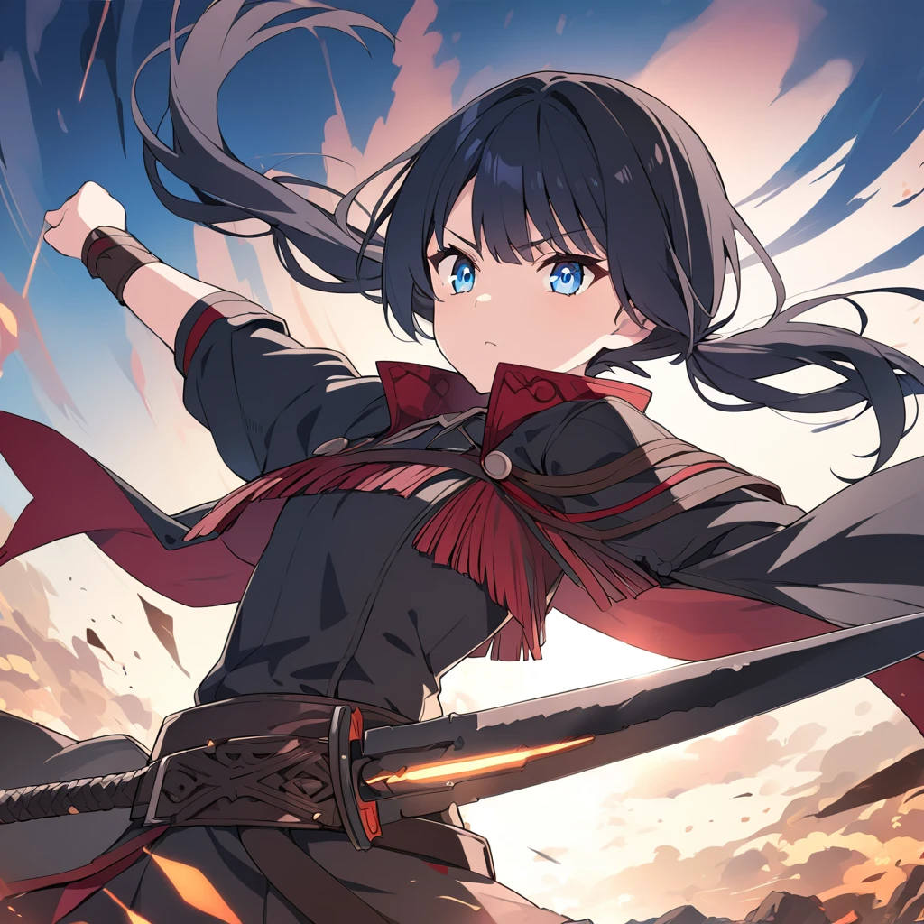 Girl, anime, warrior, short hair with red and blue lines, pretty eyes, black hair, full leather, young, with a fringe in front, epic, with pigtails, warrior clothing