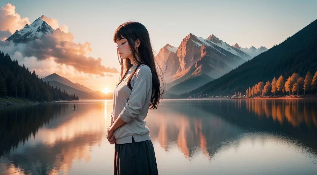 A breathtaking scene with a spectacular sunset over a calm lake surrounded by majestic mountains. En el centro de la imagen, a person stands with hands folded in prayer and eyes closed in deep meditation. Just above them, An artistic representation of God, surrounded by a divine aura of light, look with compassion at the person meditating. A luz dourada do sol poente banha a paisagem, creating a peaceful and spiritual atmosphere