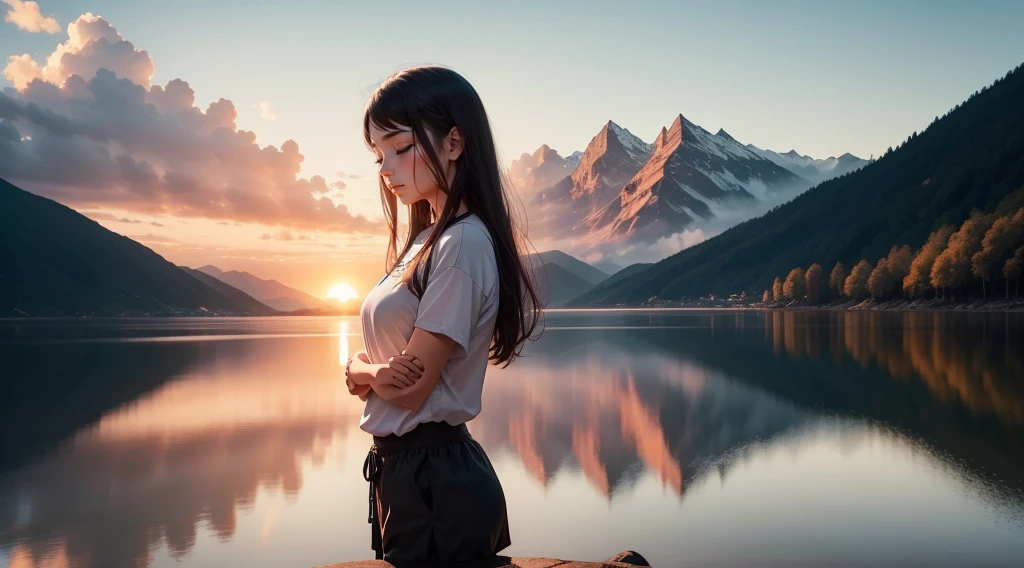 A breathtaking scene with a spectacular sunset over a calm lake surrounded by majestic mountains. En el centro de la imagen, a person stands with hands folded in prayer and eyes closed in deep meditation. Just above them, An artistic representation of God, surrounded by a divine aura of light, look with compassion at the person meditating. A luz dourada do sol poente banha a paisagem, creating a peaceful and spiritual atmosphere