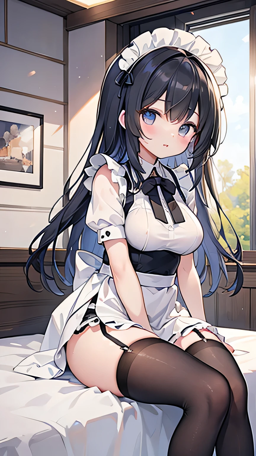 1 girl, game CG,((playboy、Bunny girl、Bunny ears、pantyhose)),((big breasts)), black hair, long hair, straight hair,  black eye, ((Lie on your back on silk sheets)),((Enchanted expression))