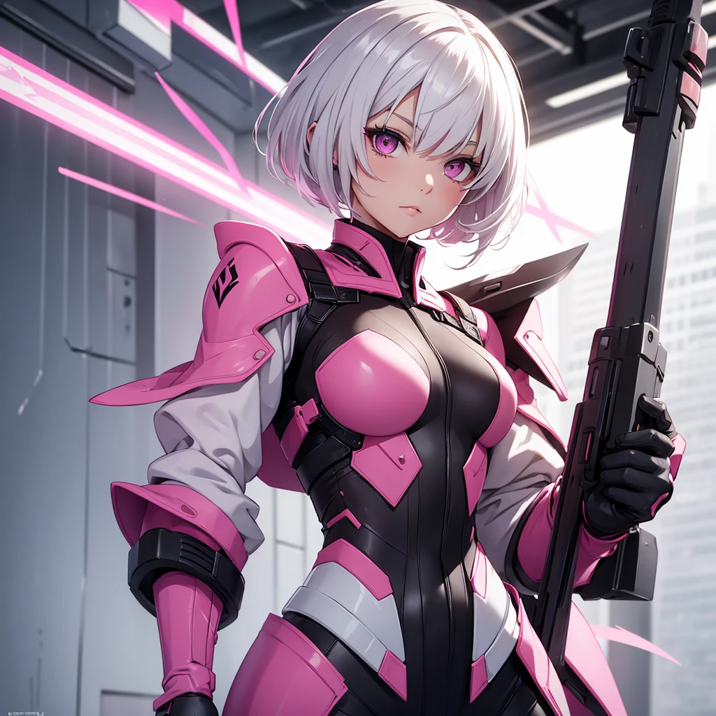 Make a girl with short white hair, pink eyes, with a suit that covers the entire body, Holding a Spear of War