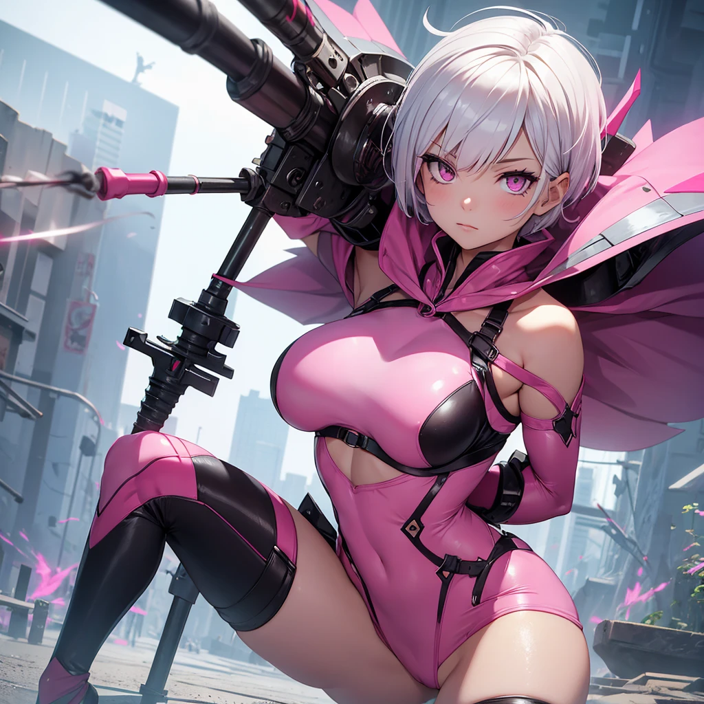 Make a girl with short white hair, pink eyes, with a suit that covers the entire body, Holding a Spear of War