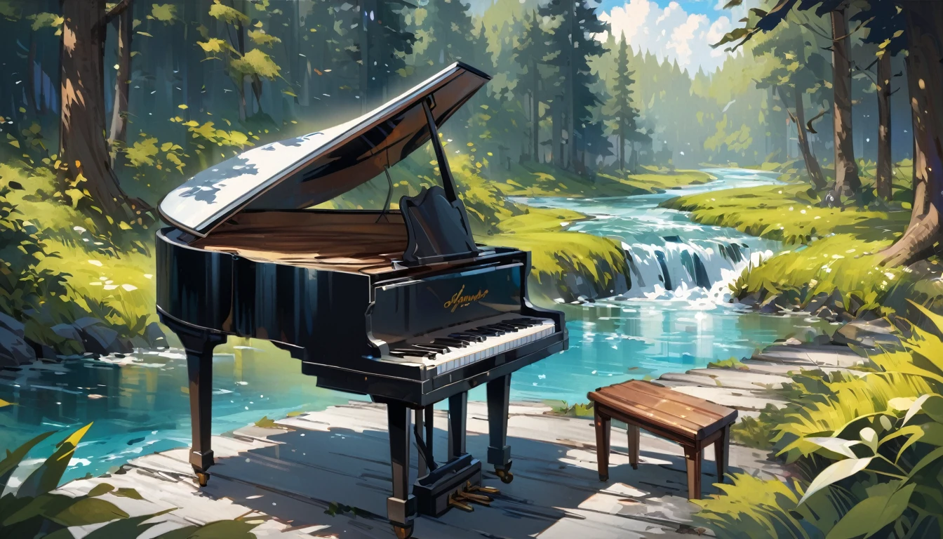 A piano in the middle of the woods near a river、Oil painting style