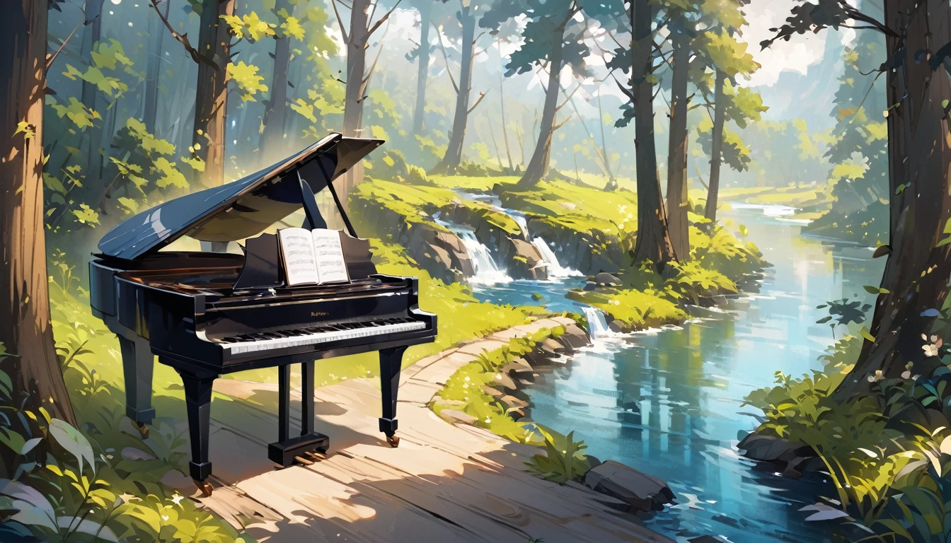 A piano in the middle of the woods near a river、Oil painting style