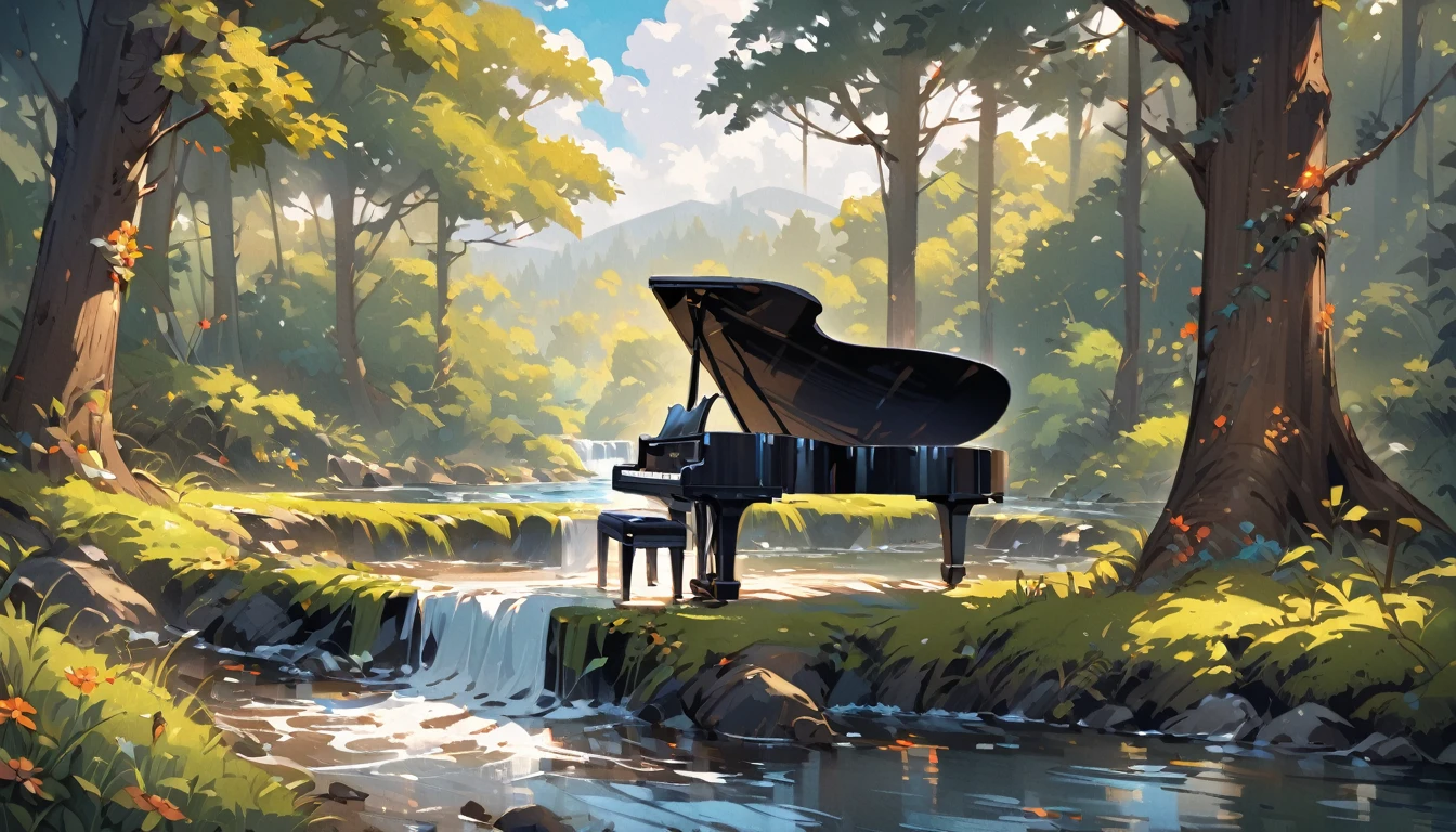 A piano in the middle of the woods near a river、Oil painting style