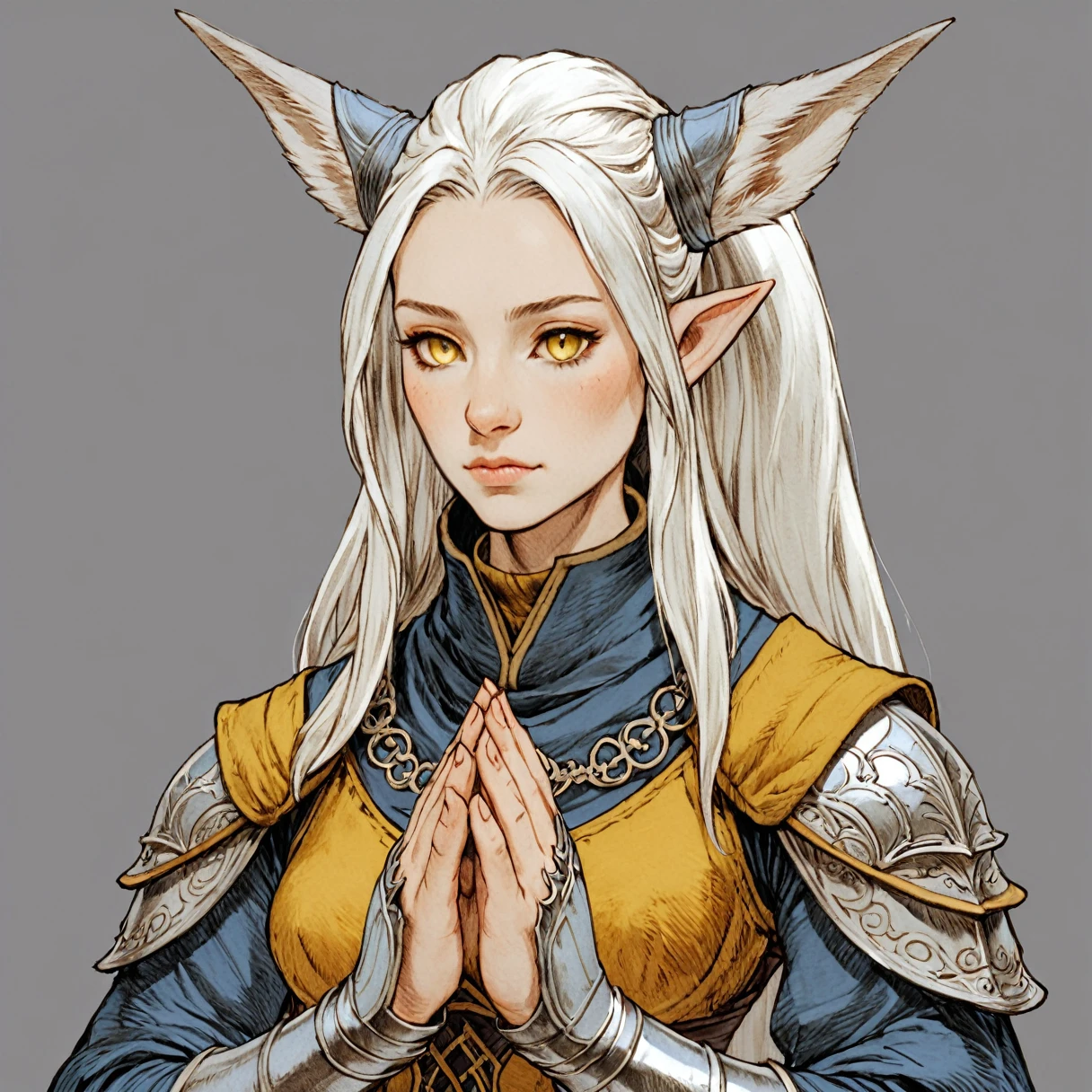 (sketch art, concept art:1.4),(masterpiece rough sketch drawing), solo closeup, Grey skin, praying, female firbolg cleric, dark theme, Grey fur,  yellow eyes, silver armor, (Akihiko Yoshida Style), medieval city