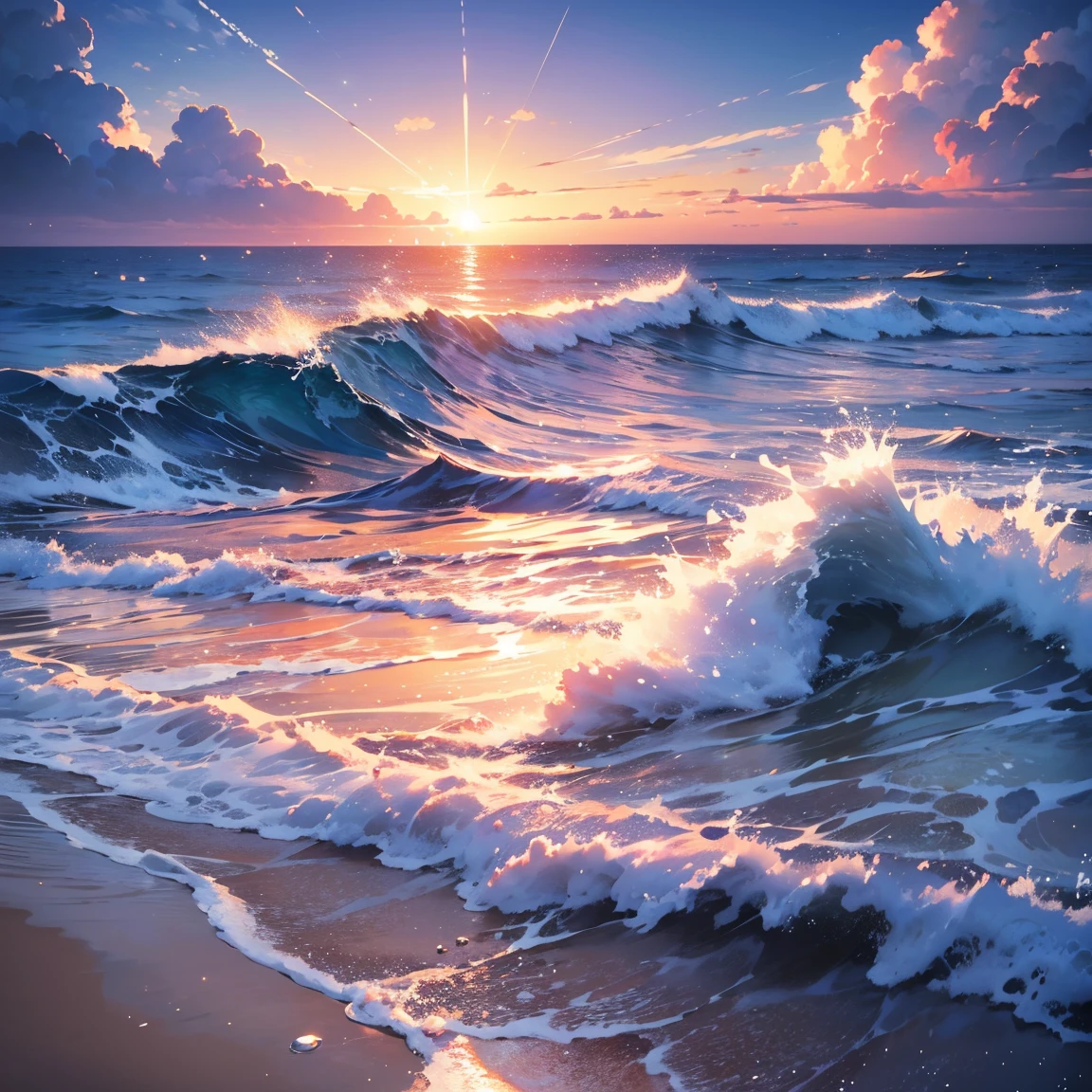 masterpiece, best quality:1.2), illustration, highres, extremely detailed, outdoors, sea, ocean, depth of field,chromatic aberration abuse,pastel color, Depth of field, sea of the sun, shiny glary, Light, light particles, glitter,reflect, 3D, bright, splashing water, waves, beautiful and delicate water, very delicate light, nature,painting, water spray, fine luminescence, very fine 8K CG wallpaper, background