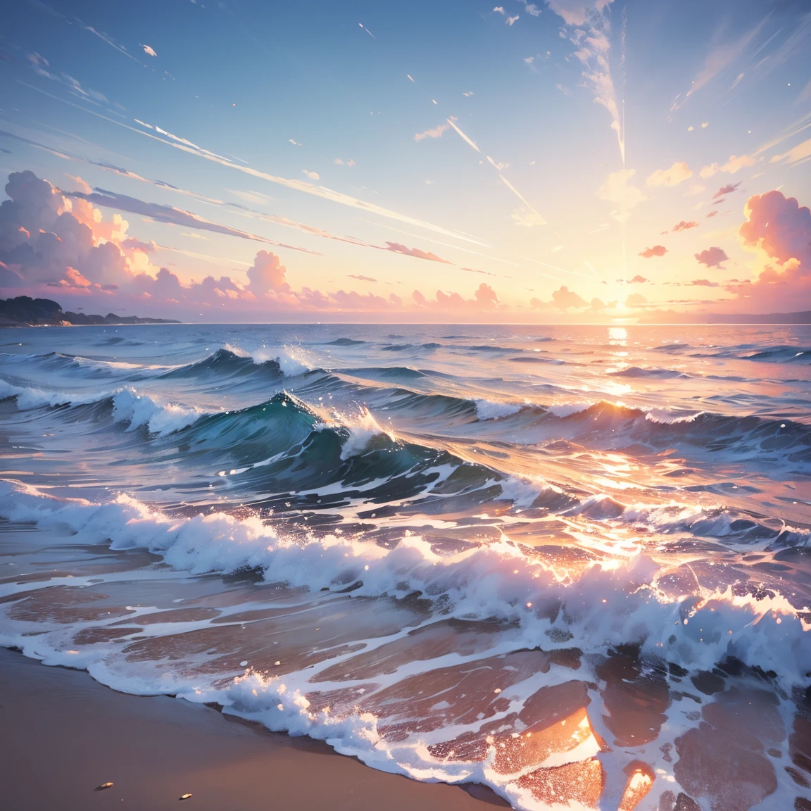 masterpiece, best quality:1.2), illustration, highres, extremely detailed, outdoors, sea, ocean, depth of field,chromatic aberration abuse,pastel color, Depth of field, sea of the sun, shiny glary, Light, light particles, glitter,reflect, 3D, bright, splashing water, waves, beautiful and delicate water, very delicate light, nature,painting, water spray, fine luminescence, very fine 8K CG wallpaper, background