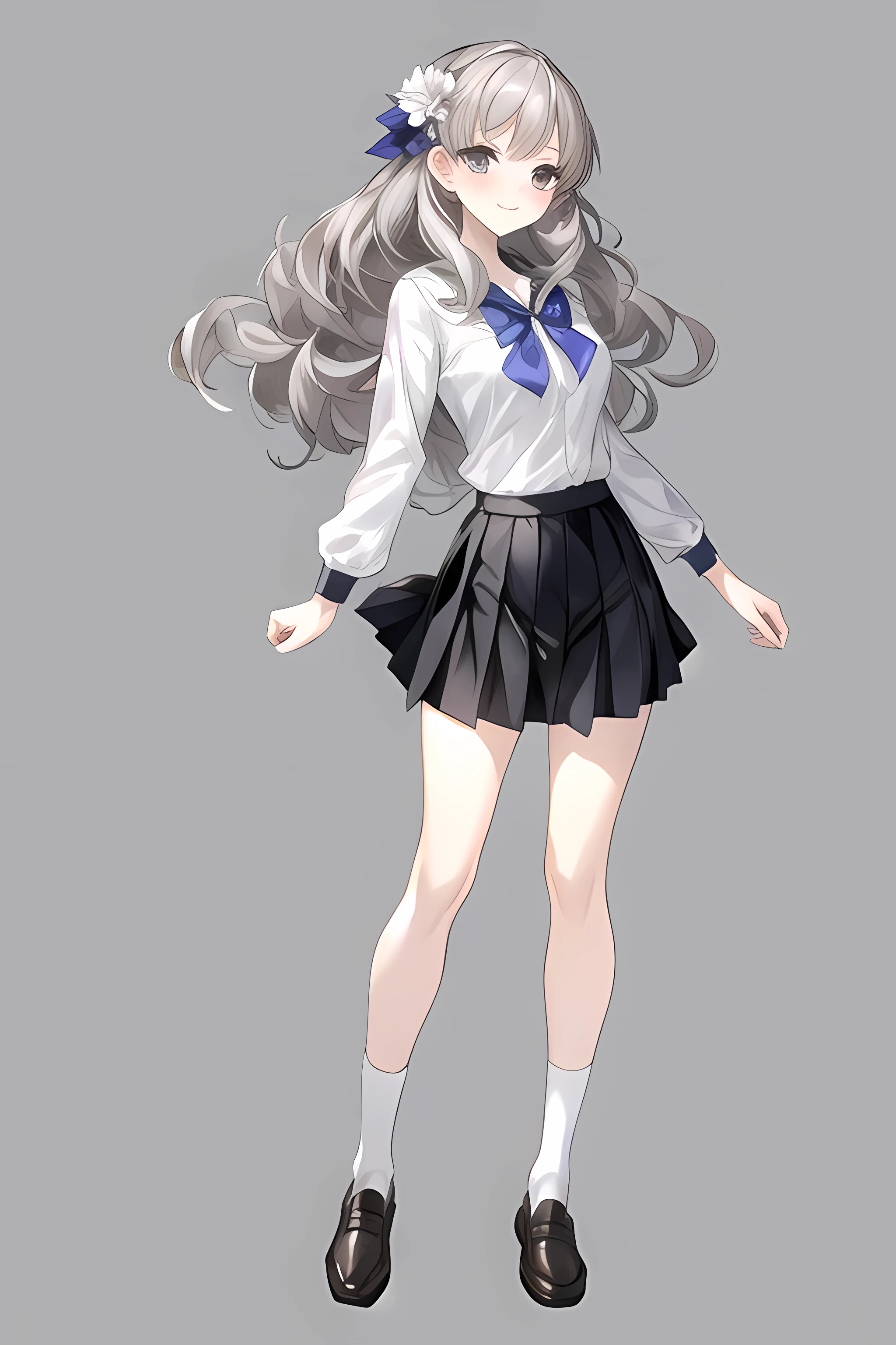 masterpiece, best quality,fuyusaka iori 1, 1girl, solo, hair flower, white shirt, short skirt, black skirt, pleated skirt, hair ornament, flower, long hair, full body, socks, gray hair, white flower, gray eyes, looking at viewer, white background, middle breast, smile, shameful face, slander, standing, loafers, cowboy shot, perpect arms, adult, ecstasy face, beautiful legs,