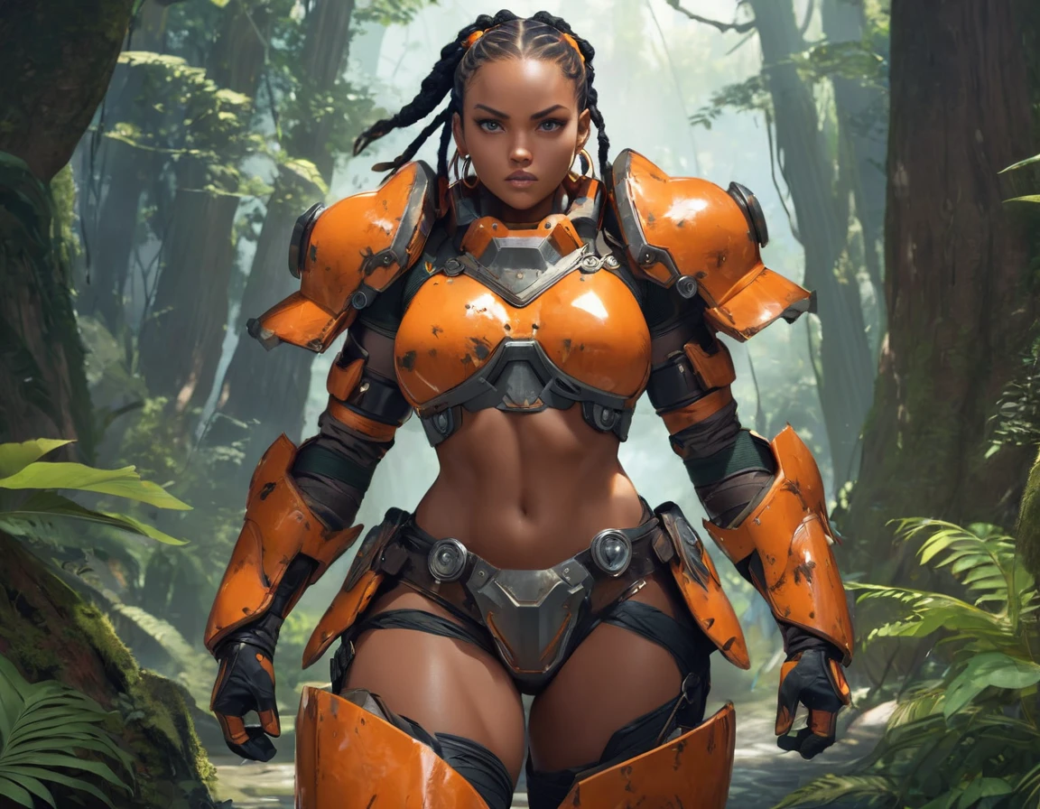 (best quality,4k,8k,highres,masterpiece:1.2), ultra-detailed, (Numerous award-winning masterpieces, incredibly detailed and textured, maximal resolution and clarity), imagine a high tech barbarian combining futuristic heavy orange armored space suit with primitive (barbaric furs) and loin cloth, her outer armor is a bold orange while her under layers are a dark green. under the armor a dark green liner covers her upper body and arms under the armor. The orange power armor has chipped paint and scratches from many battles, it has rivets and a very heavy looking chest plate, there are hoses on the chest plate. visible wires pistons and gears connect the orange shoulder pads to the armored gloves. her lower body is unarmored, she has bare hips and bare thighs. She is a muscular African woman with her short hair pulled back in dreadlocks, ebony, dark skin, she has full pouty lips, hoop earrings. Black fur lines the shoulder pads, she wears a (black fur loincloth:1.1). Show her walking through an alien forest,gnarled trunks, and glowing plants. She walks confidently towards the camera with a determined stride.