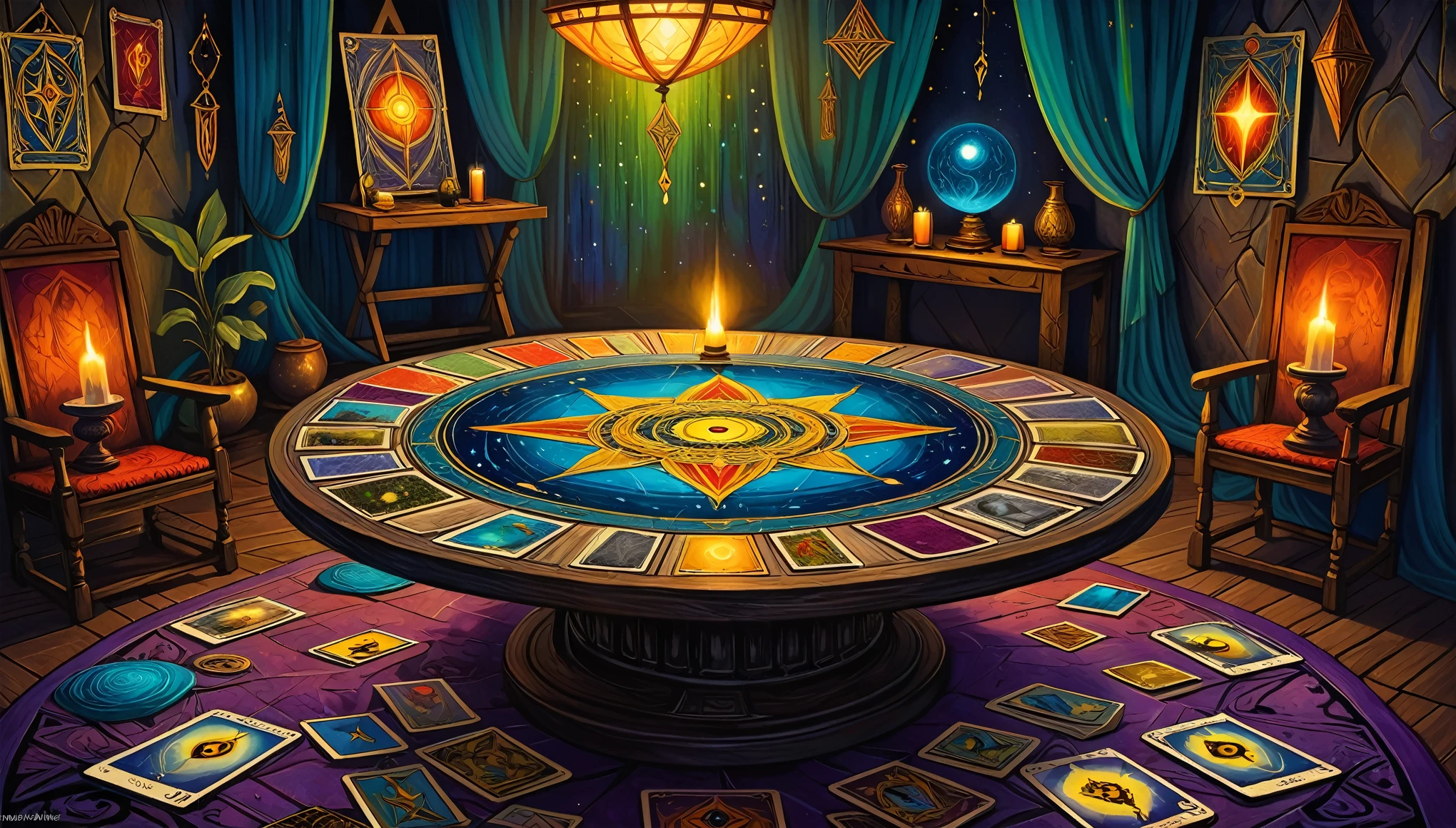 A painting by Lisa Parker of her interpretation of a deck of Tarot cards laid out on an ancient divination table. The scene is inspired by occult art and esoteric symbolism. The mystical cards tell an expressive and captivating story amidst a room decorated in a Bohemian design. Captured from a dynamic angle, emphasizing the creative and dreamy elements with bold, deep colors.