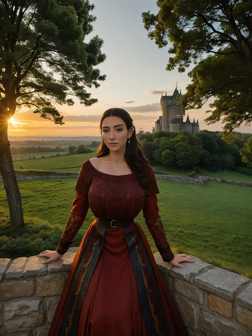 Gorgeous and sultry busty athletic (thin) brunette queen with sharp facial features wearing a modest updo, dark red medieval dress, long sleeves, intricate patterns, scrollwork, wide neck, crown, veil, long dress, modest dress, tight bodice, silver belt, (waist chain), medieval jewelry, Middle Ages, castle, rampart, wall, exterior, on top of a castle wall, trees, countryside, evening, sunset.