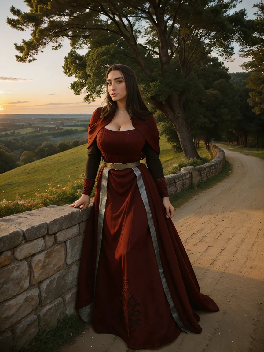 Gorgeous and sultry busty athletic (thin) brunette queen with sharp facial features wearing a modest updo, dark red medieval dress, long sleeves, intricate patterns, scrollwork, wide neck, crown, veil, long dress, modest dress, tight bodice, silver belt, (waist chain), medieval jewelry, Middle Ages, castle, rampart, wall, exterior, on top of a castle wall, trees, countryside, evening, sunset.