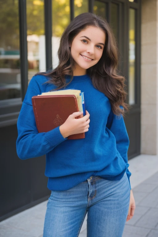 Please create a picture of a young woman about 23 years old wearing a sweater and blue jeans. She has wavy brown hair and is on a university campus. She is slender and carrying a few books. She has a heart shaped face, brown warm eyes and a warm smile.