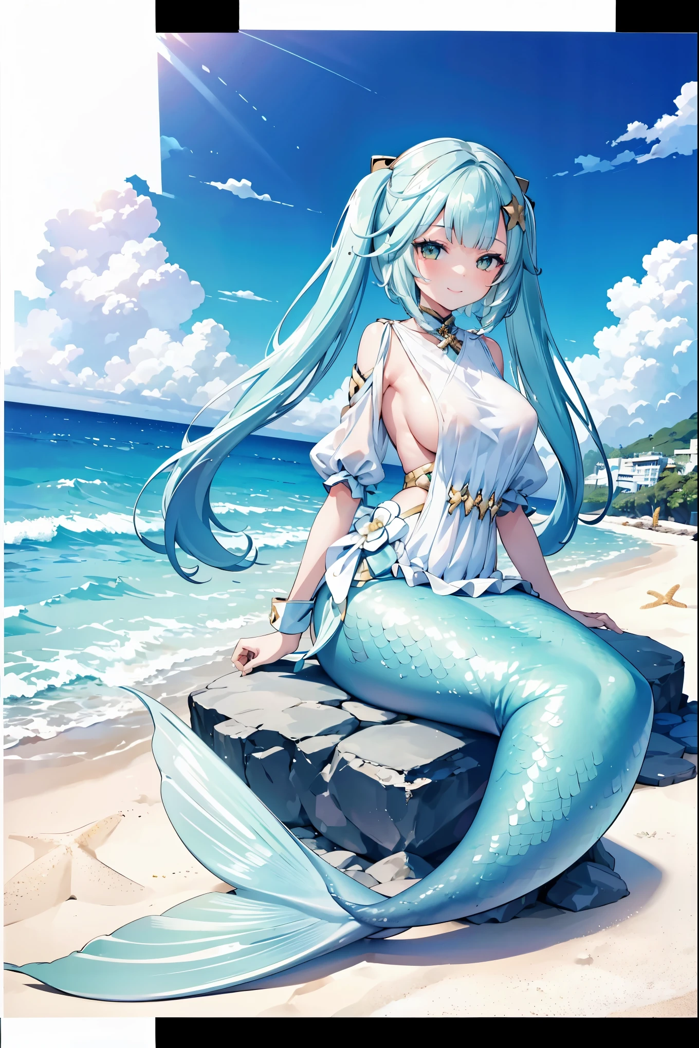 masterpiece, best quality,A girl,Long twin tails,Hair accessories,Large Breasts,White shirt,Mermaid,绿色的Mermaid尾巴,full-body shot,beach,Sea view,Sitting on the beach,Looking at the audience,Smile