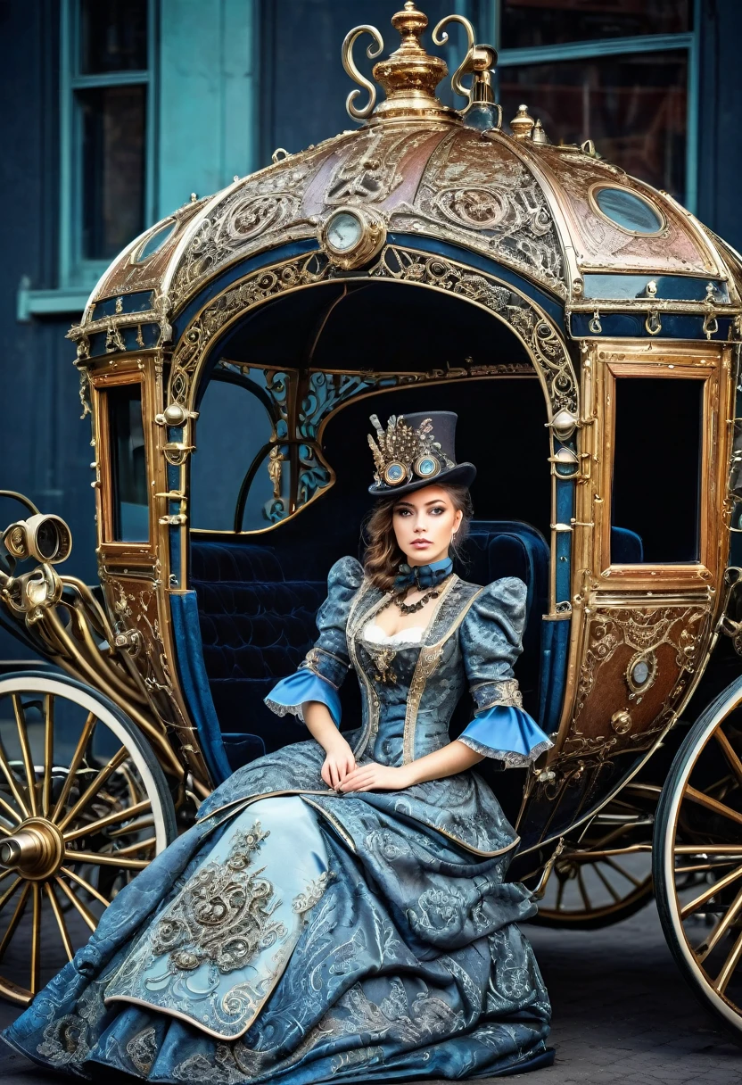 beautiful ornate carriage with a girl in royal steampunk clothes, insane detailing, vintage texture, detailing
