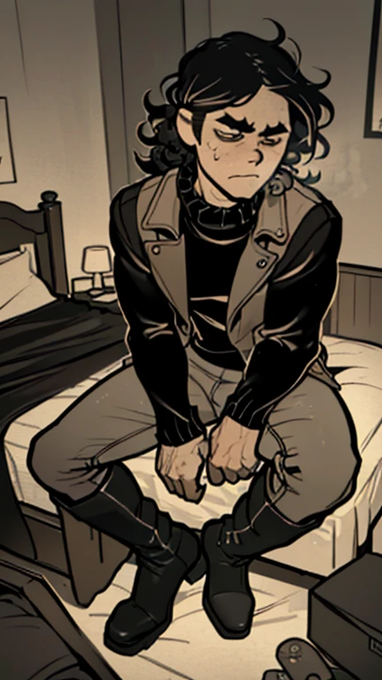 (detailed), (((normal guy))), (arab features), ((brown sheepskin jacket)), ((black curly hair loose hair)), (sad face), ((by the wide)), ((tall black boots)), (((Whole body))), ((sitting on the bed in a room)), ((male)), (black turtleneck sweater), ((only one person)), (at night), ((poorly lit room)), ((((dark room)))), (black cloth cap)
