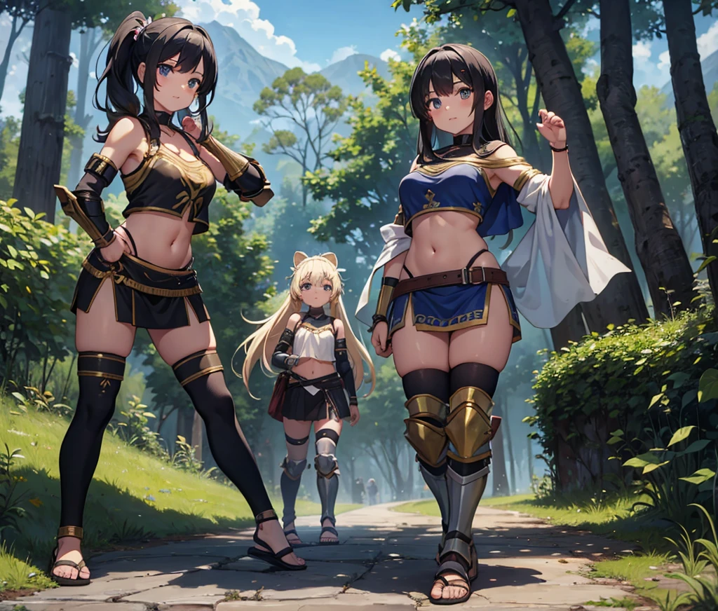 young greek warriors girls in togas , only girls , forest in the background ,four girls, sandals , sexy , multiple girls ,exposed belly, toned body, slim body, curves , black hair , blonde hair , red hair , white hair , light armor , knee pads, elbow pads,