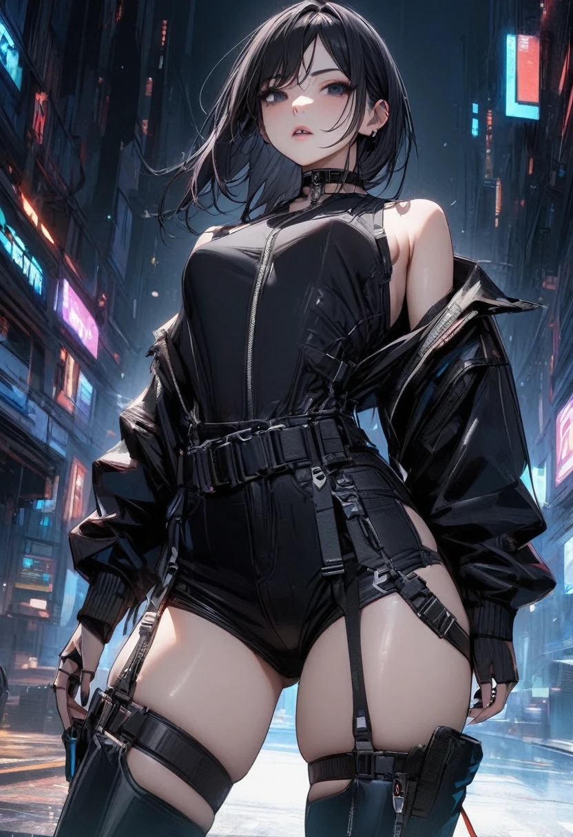 Young girl black hair black eyes cyberpunk high quality masterpiece wearing black suit Chinese woman