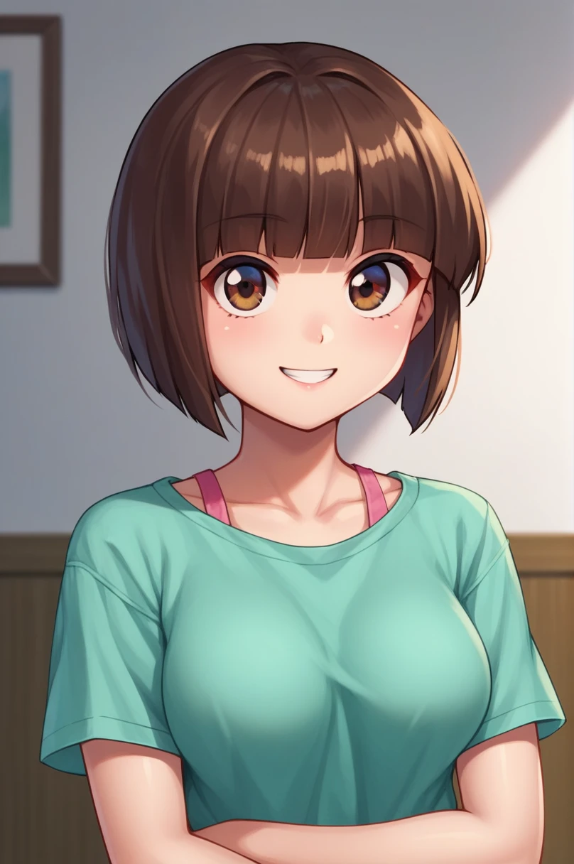 score_9, score_8_up, score_7_up, score_6_up, score_5_up, score_4_up, NabikiTendouRXLv2, 18years, big eyes, brown eyes, brown hair, short hair, bob cut, blunt bangs, medium breasts, short sleeves, loose shirt, pink strap, green shirt, solo, front view, (portrait, upper body), solo focus, seductive smile, looking at viewer, indoors 