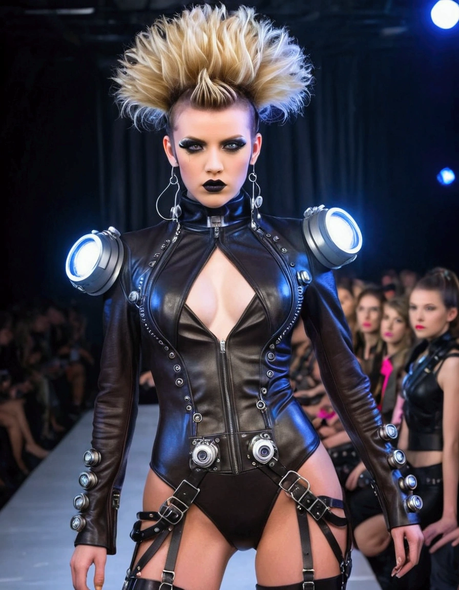 A cute fashion model (age 25, crazy hair, trendy makeup, sci fi leather club outfit, many blinking lights and gadgets), displaying her cyberpunk club wear, fashion show on the runway, full body shown