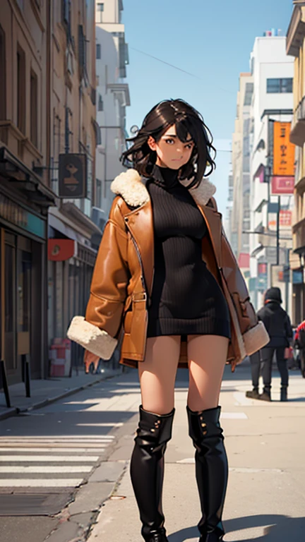(detailed), (((normal girl))), (Arabic characteristics), ((brown sheepskin jacket)), ((pelo negro rizado free hair)), ((free hair)), (calm face), ((by the width)), ((black high boots)), (((whole body))), ((in the middle of the city leaning on a building), ((woman)), (black turtleneck sweater), ((only one person)), (at midday)