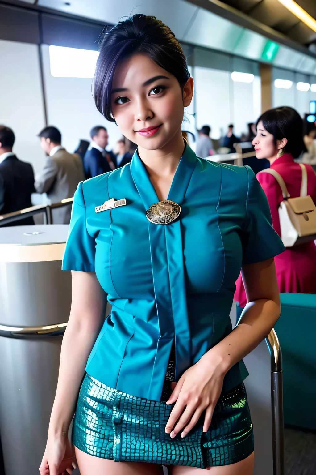 (best quality,4k,highres),ultra-detailed,realistic,cosplay, stewardess uniform, in the airport, (crowded:1.5), unbutton clothes, unbutton t-shirt, pattern batik mini skirt, skirt lift up, open legs,beautiful woman,(big breasts:1.5), show nipples detailed, dark hairy pussy, pubic hair,vivid colors,portrait,soft lighting