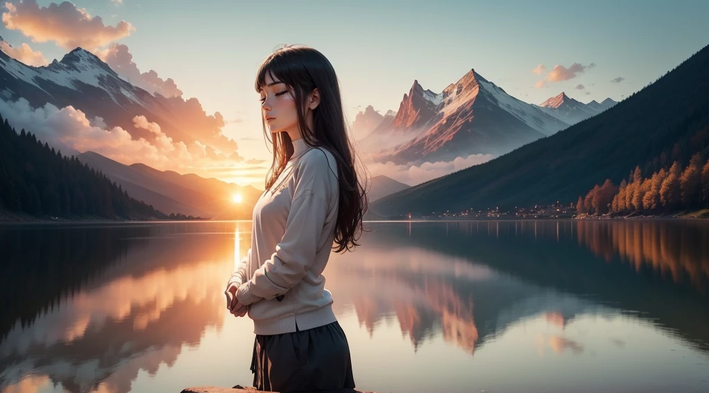 A breathtaking scene with a spectacular sunset over a calm lake surrounded by majestic mountains. En el centro de la imagen, a person stands with hands folded in prayer and eyes closed in deep meditation. Just above them, An artistic representation of God, surrounded by a divine aura of light, look with compassion at the person meditating. A luz dourada do sol poente banha a paisagem, creating a peaceful and spiritual atmosphere