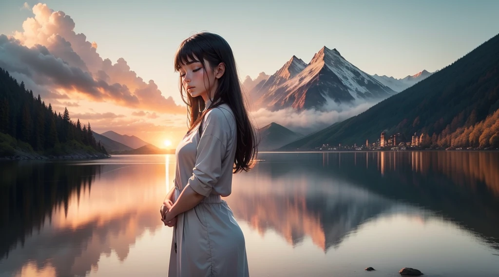 A breathtaking scene with a spectacular sunset over a calm lake surrounded by majestic mountains. En el centro de la imagen, a person stands with hands folded in prayer and eyes closed in deep meditation. Just above them, An artistic representation of God, surrounded by a divine aura of light, look with compassion at the person meditating. A luz dourada do sol poente banha a paisagem, creating a peaceful and spiritual atmosphere