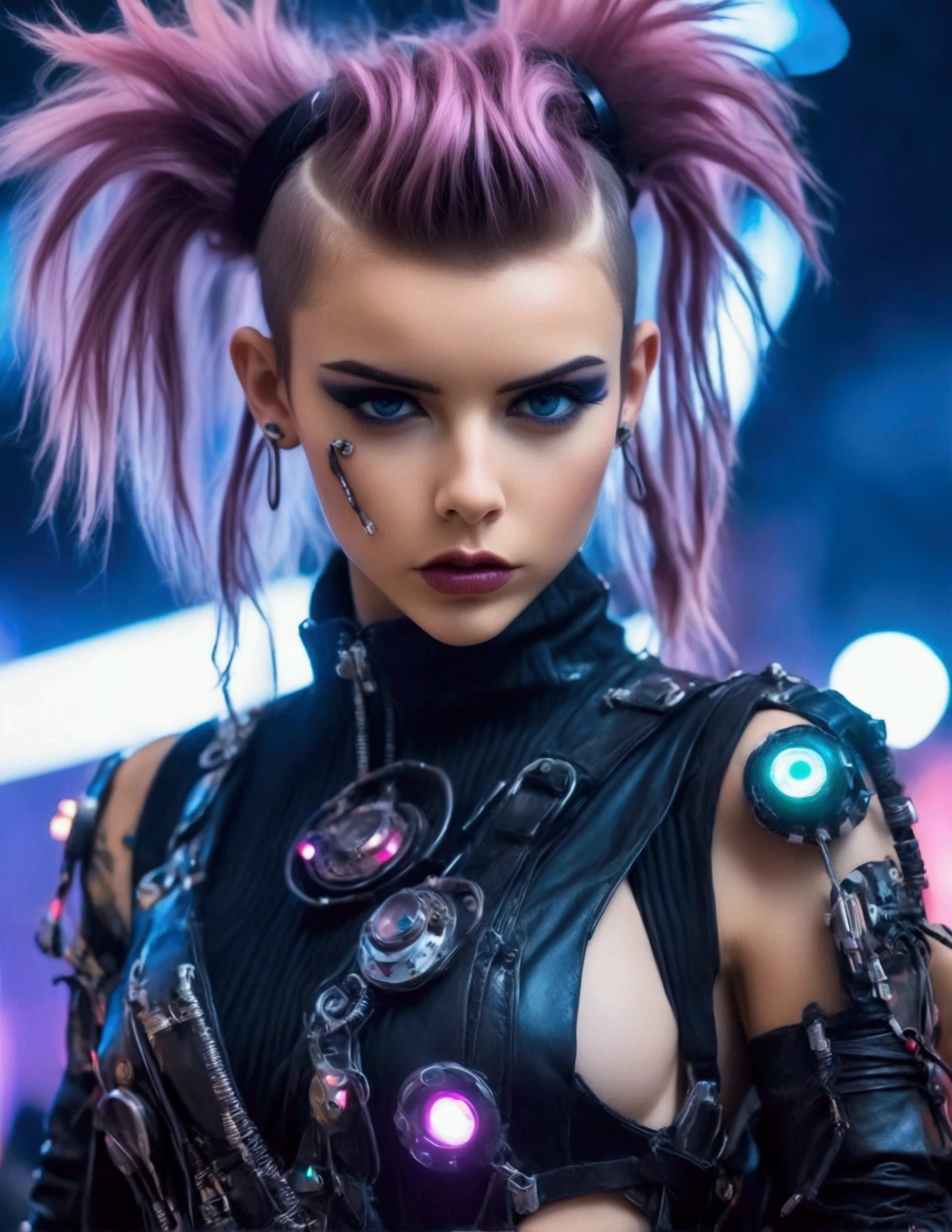 A cute fashion model (age 25, crazy hair, trendy makeup, sci fi leather club outfit, many blinking lights and gadgets), displaying her cyberpunk club wear, fashion show on the runway, full body shown