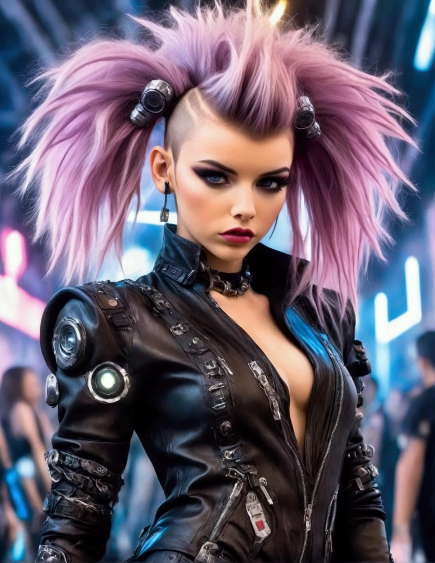 A cute fashion model (age 25, crazy hair, trendy makeup, sci fi leather club outfit, many blinking lights and gadgets), displaying her cyberpunk club wear, fashion show on the runway, full body shown
