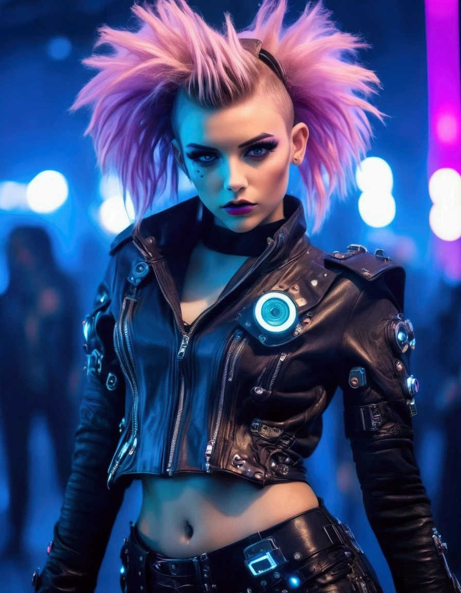 A cute fashion model (age 25, crazy hair, trendy makeup, sci fi leather club outfit, many blinking lights and gadgets), displaying her cyberpunk club wear, fashion show on the runway, full body shown

