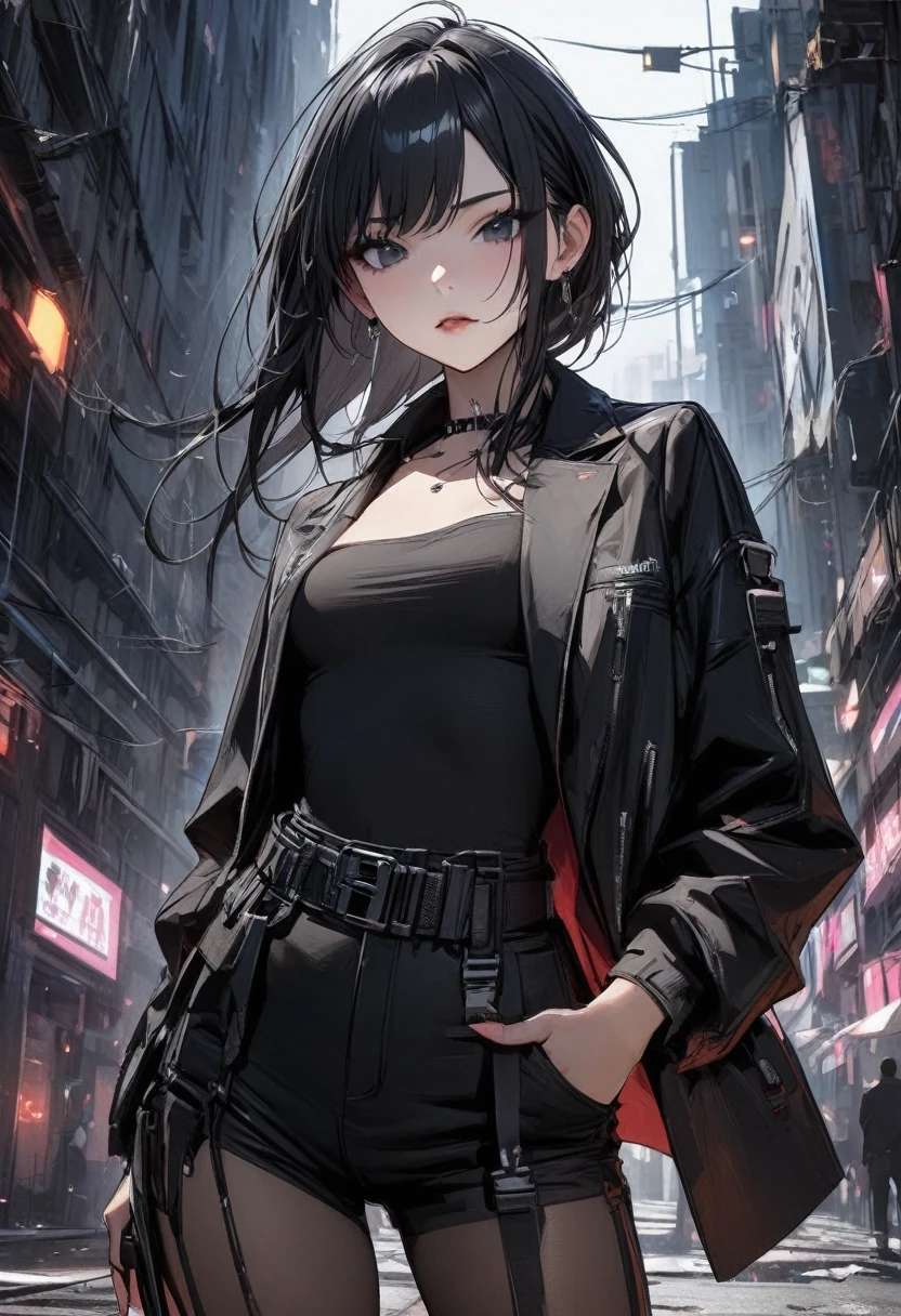 Young girl black hair black eyes cyberpunk high quality masterpiece wearing black suit Chinese woman